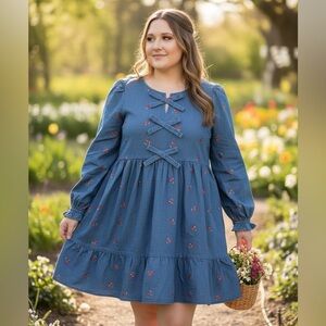 Very J Denim Cherry Patterned Dress